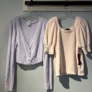 Women's Pastel Pink Purple Lot Of 2 Fuzzy Sweater Cardigan Spring Cottagecore XL